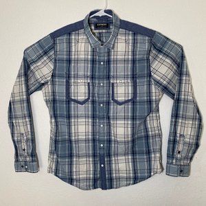 Express Mens Large Blue White Plaid LS Button Up